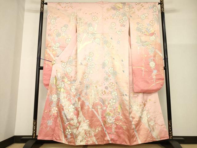 平和屋着物●豪華振袖　駒刺繍　花蝶文　暈し染め　金彩　正絹　逸品　AABG4054ck