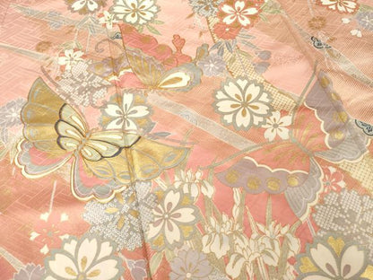 平和屋着物●豪華振袖　駒刺繍　花蝶文　暈し染め　金彩　正絹　逸品　AABG4054ck