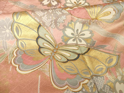 平和屋着物●豪華振袖　駒刺繍　花蝶文　暈し染め　金彩　正絹　逸品　AABG4054ck