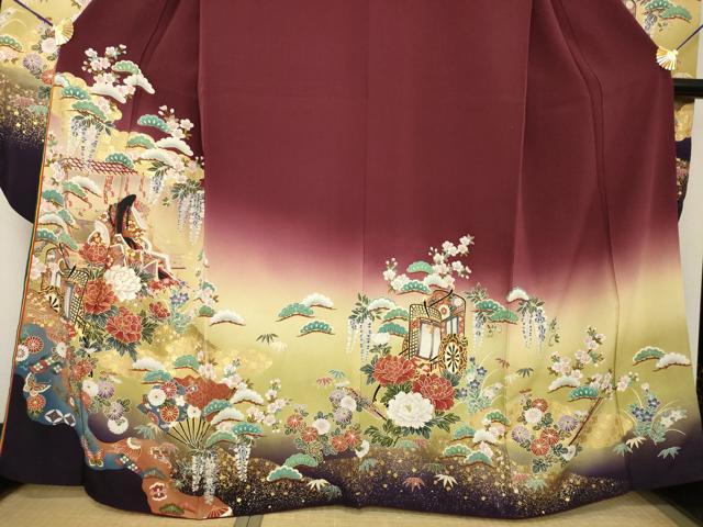 平和屋着物●豪華振袖　駒刺繍　御所車女人花文　暈し染め　金彩　正絹　逸品　AABG4064ck