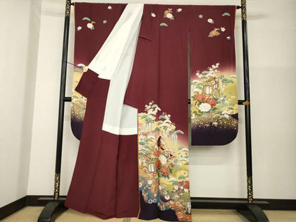 平和屋着物●豪華振袖　駒刺繍　御所車女人花文　暈し染め　金彩　正絹　逸品　AABG4064ck