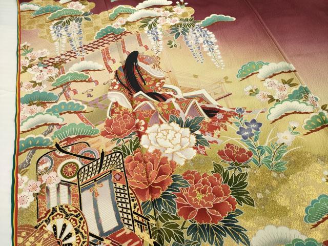 平和屋着物●豪華振袖　駒刺繍　御所車女人花文　暈し染め　金彩　正絹　逸品　AABG4064ck