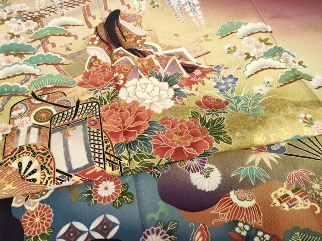 平和屋着物●豪華振袖　駒刺繍　御所車女人花文　暈し染め　金彩　正絹　逸品　AABG4064ck