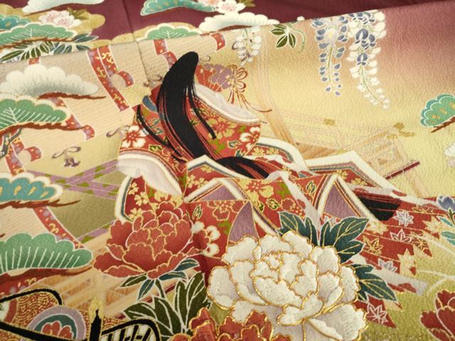 平和屋着物●豪華振袖　駒刺繍　御所車女人花文　暈し染め　金彩　正絹　逸品　AABG4064ck
