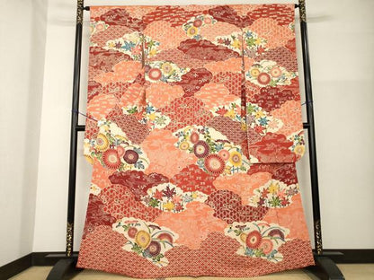平和屋着物●豪華振袖　型染め　雲重ね花文　正絹　逸品　AABG4070ck