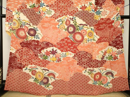 平和屋着物●豪華振袖　型染め　雲重ね花文　正絹　逸品　AABG4070ck