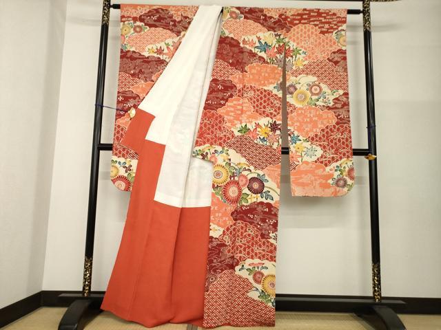 平和屋着物●豪華振袖　型染め　雲重ね花文　正絹　逸品　AABG4070ck