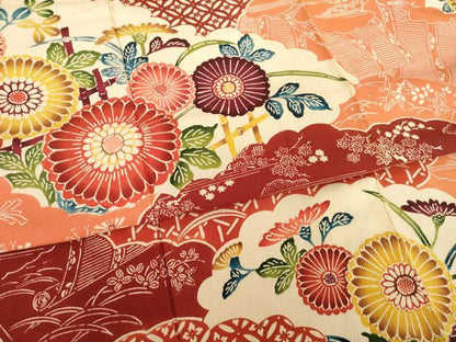 平和屋着物●豪華振袖　型染め　雲重ね花文　正絹　逸品　AABG4070ck