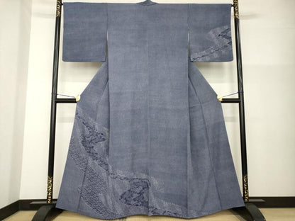 平和屋着物●江戸小紋　藍　流水文　正絹　逸品　AABG4076ck