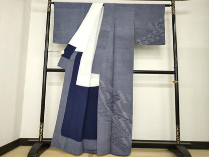 平和屋着物●江戸小紋　藍　流水文　正絹　逸品　AABG4076ck