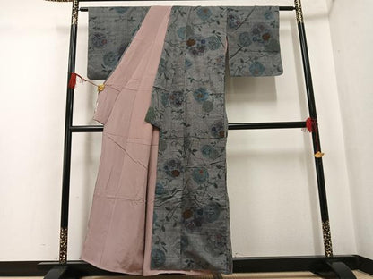 平和屋着物●上質な小紋　中国三大刺繍　汕頭刺繍　スワトウ刺繍　総刺繍　紬地　草花文　正絹　逸品　AABG4082ph
