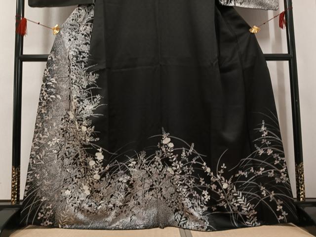 平和屋着物●訪問着　草花文　たたき染め　黒地　正絹　逸品　AABG4084ph