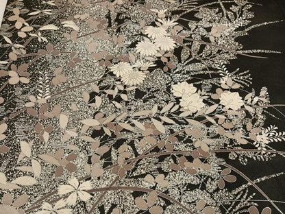 平和屋着物●訪問着　草花文　たたき染め　黒地　正絹　逸品　AABG4084ph