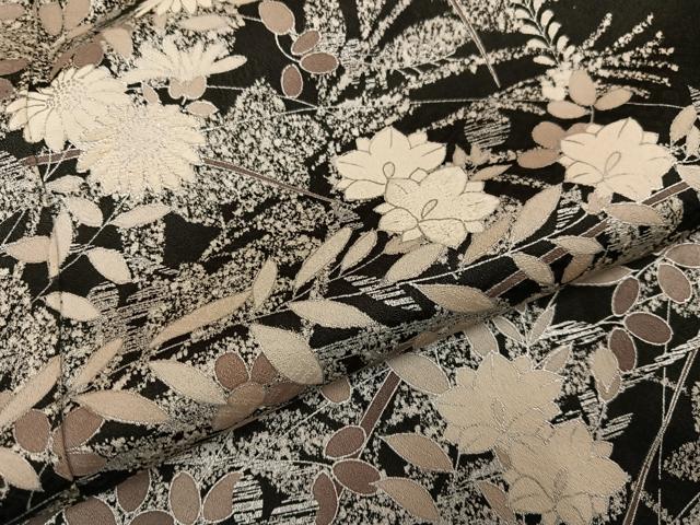 平和屋着物●訪問着　草花文　たたき染め　黒地　正絹　逸品　AABG4084ph