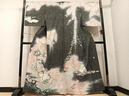 平和屋着物●大正の浮世絵師　竹久夢二　夢二ロマン　訪問着　草花文　暈し染め　黒地　金銀彩　正絹　逸品　AABG4090ph