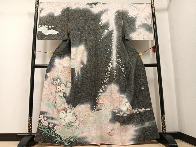 平和屋着物●大正の浮世絵師　竹久夢二　夢二ロマン　訪問着　草花文　暈し染め　黒地　金銀彩　正絹　逸品　AABG4090ph