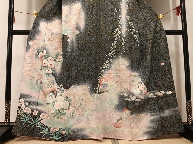 平和屋着物●大正の浮世絵師　竹久夢二　夢二ロマン　訪問着　草花文　暈し染め　黒地　金銀彩　正絹　逸品　AABG4090ph
