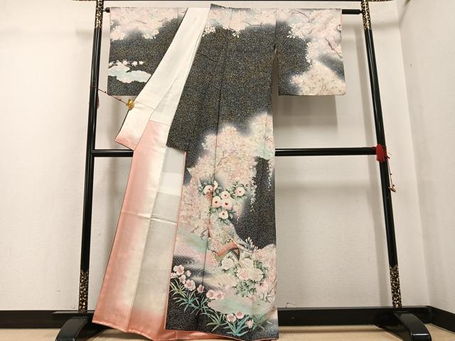 平和屋着物●大正の浮世絵師　竹久夢二　夢二ロマン　訪問着　草花文　暈し染め　黒地　金銀彩　正絹　逸品　AABG4090ph