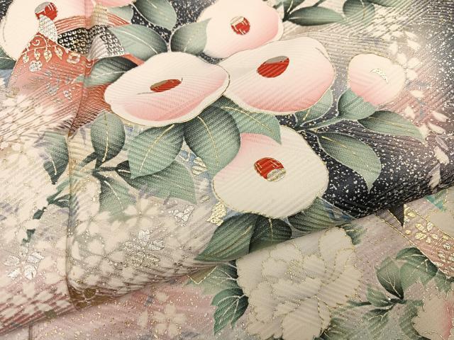 平和屋着物●大正の浮世絵師　竹久夢二　夢二ロマン　訪問着　草花文　暈し染め　黒地　金銀彩　正絹　逸品　AABG4090ph