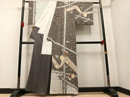 平和屋着物●訪問着　絞り　刺繍　草花文　金彩　正絹　逸品　AABG4091ph