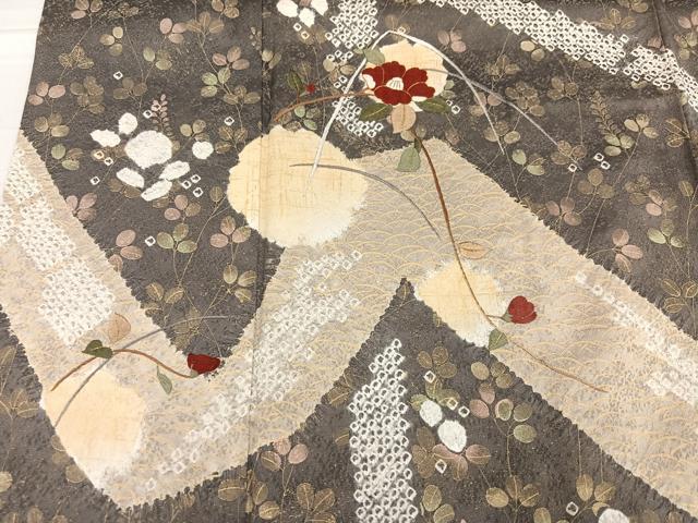 平和屋着物●訪問着　絞り　刺繍　草花文　金彩　正絹　逸品　AABG4091ph