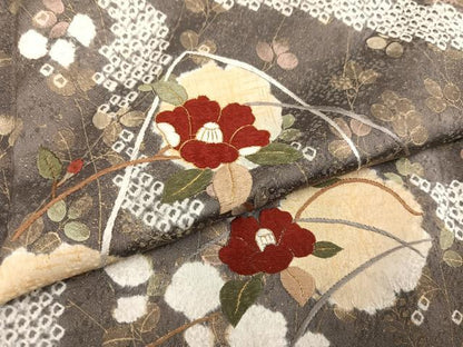 平和屋着物●訪問着　絞り　刺繍　草花文　金彩　正絹　逸品　AABG4091ph