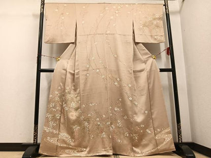 平和屋着物●訪問着　駒刺繍　流水草花文　金彩　正絹　逸品　AABG4117ph
