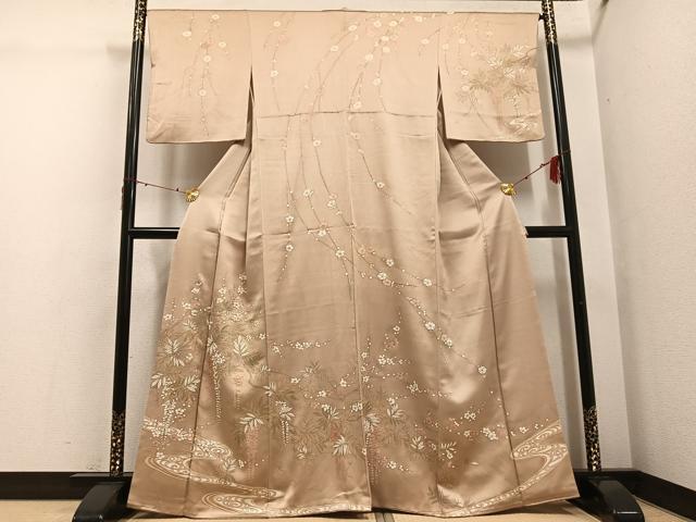 平和屋着物●訪問着　駒刺繍　流水草花文　金彩　正絹　逸品　AABG4117ph