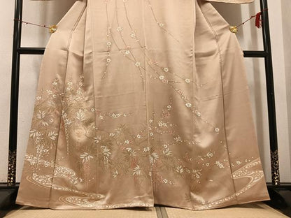 平和屋着物●訪問着　駒刺繍　流水草花文　金彩　正絹　逸品　AABG4117ph