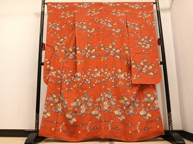 平和屋着物●豪華振袖　型染め　花鳥文　正絹　逸品　AABG4122ph