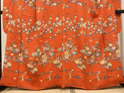平和屋着物●豪華振袖　型染め　花鳥文　正絹　逸品　AABG4122ph