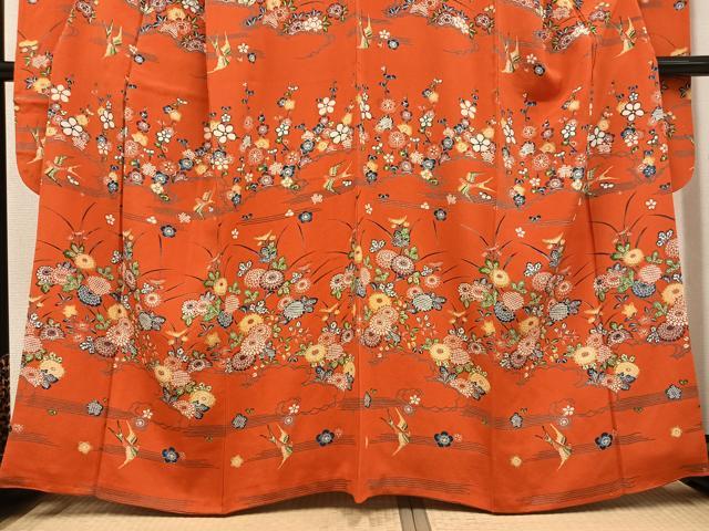 平和屋着物●豪華振袖　型染め　花鳥文　正絹　逸品　AABG4122ph