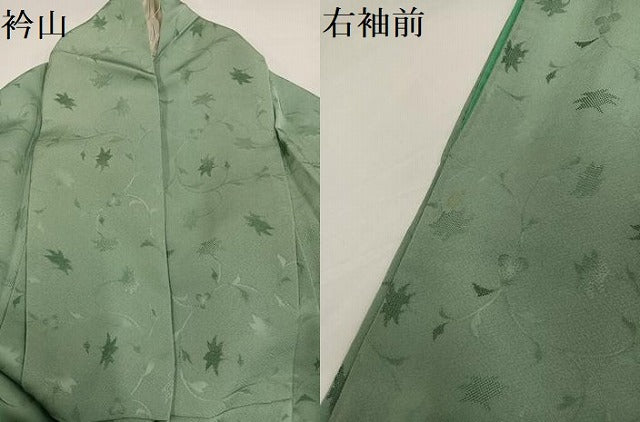 平和屋着物●上質な色無地　草花地紋　山葵色　正絹　逸品　AABG4128ph