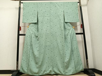 平和屋着物●上質な色無地　草花地紋　山葵色　正絹　逸品　AABG4128ph