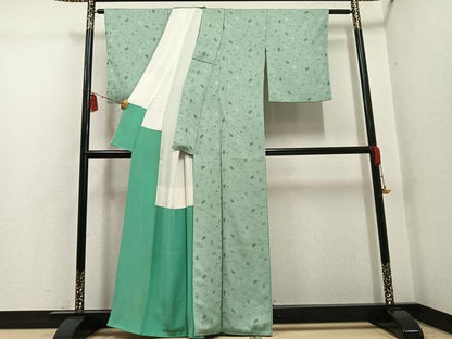 平和屋着物●上質な色無地　草花地紋　山葵色　正絹　逸品　AABG4128ph