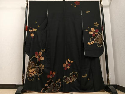 平和屋着物●豪華振袖　駒刺繍　夜桜　黒地　金彩　正絹　逸品　AABG4132ph