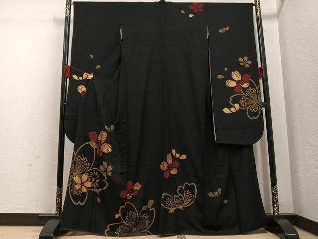 平和屋着物●豪華振袖　駒刺繍　夜桜　黒地　金彩　正絹　逸品　AABG4132ph