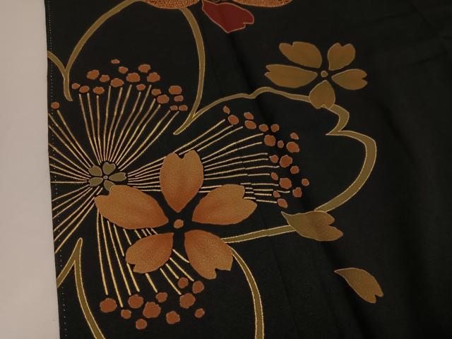 平和屋着物●豪華振袖　駒刺繍　夜桜　黒地　金彩　正絹　逸品　AABG4132ph
