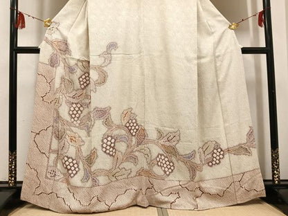 平和屋着物●訪問着　総絞り　葡萄蔦の葉文　正絹　逸品　AABG4133ph