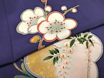平和屋着物●豪華振袖　駒刺繍　梅　枝花文　金彩　正絹　逸品　AABG4134ph