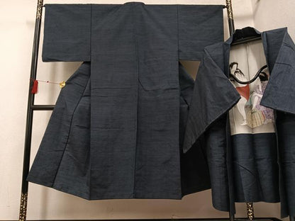 平和屋着物●男性　紬　アンサンブル　色無地　藍鉄色　正絹　逸品　AABG4158ph