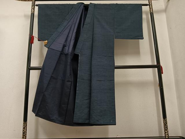 平和屋着物●男性　紬　アンサンブル　色無地　藍鉄色　正絹　逸品　AABG4158ph