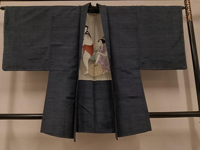 平和屋着物●男性　紬　アンサンブル　色無地　藍鉄色　正絹　逸品　AABG4158ph