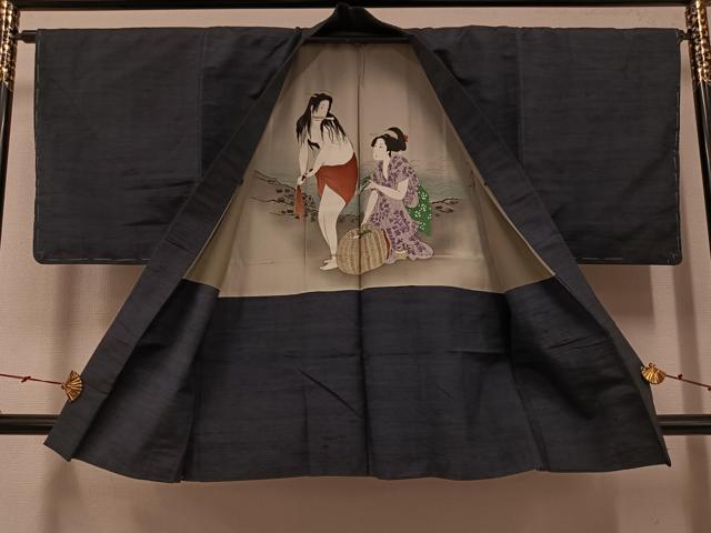 平和屋着物●男性　紬　アンサンブル　色無地　藍鉄色　正絹　逸品　AABG4158ph
