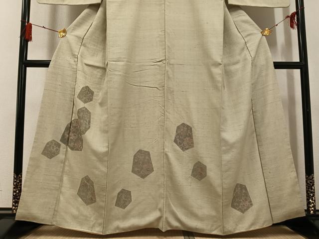 平和屋着物●訪問着　中国三大刺繍　汕頭刺繍　スワトウ刺繍　紬地　花唐草文　正絹　逸品　AABG4160ph