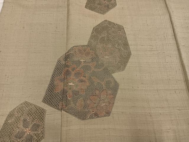 平和屋着物●訪問着　中国三大刺繍　汕頭刺繍　スワトウ刺繍　紬地　花唐草文　正絹　逸品　AABG4160ph