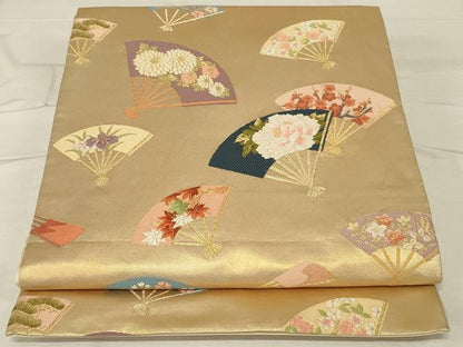 平和屋着物◎六通柄袋帯　唐織　扇面花文　金糸　正絹　逸品　AABG4167ou