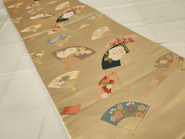 平和屋着物◎六通柄袋帯　唐織　扇面花文　金糸　正絹　逸品　AABG4167ou