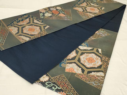 平和屋着物◎六通柄袋帯　色紙花文　金糸　正絹　逸品　AABG4176ou