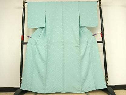 平和屋着物▽上質な色無地 単衣 松皮菱地紋 錆青磁色 正絹 逸品 AABG4213jh